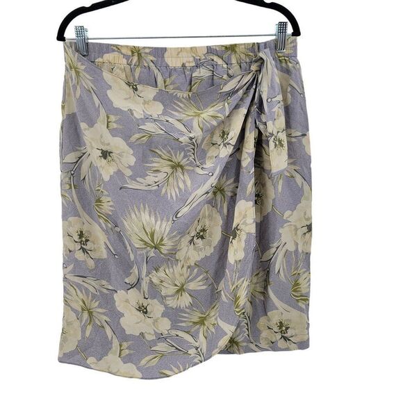 Vintage Silk Faux Wrap Skirt L Lavender Cream Floral Elastic Waist Tea Length - Picture 1 of 8